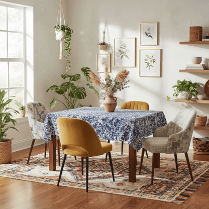 Blue Floral Scroll Tablecloth — Elegant Damask Table Cover for Dining & Entertaining - Splash of Color Co.