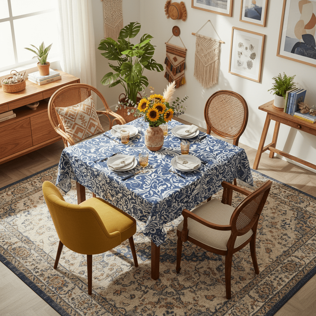 Blue Floral Scroll Tablecloth — Elegant Damask Table Cover for Dining & Entertaining - Splash of Color Co.