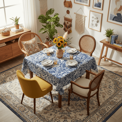 Blue Floral Scroll Tablecloth — Elegant Damask Table Cover for Dining & Entertaining - Splash of Color Co.