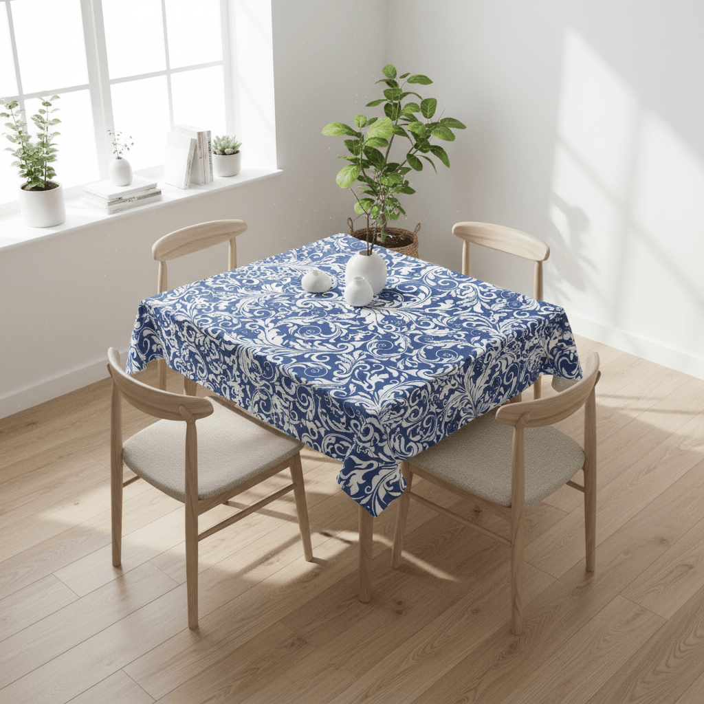 Blue Floral Scroll Tablecloth — Elegant Damask Table Cover for Dining & Entertaining - Splash of Color Co.
