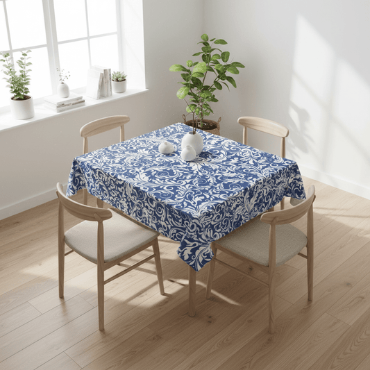 Blue Floral Scroll Tablecloth — Elegant Damask Table Cover for Dining & Entertaining - Splash of Color Co.