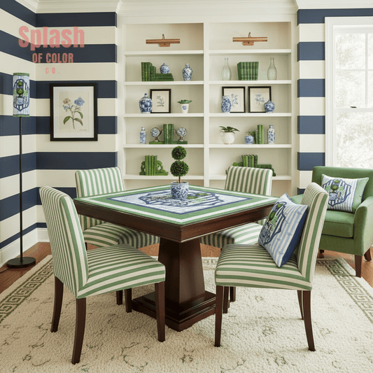 Chinoiserie Staffordshire Preppy Green Blue Striped Mahjong Mat - Splash of Color Co.