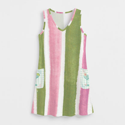 Preppy Watercolor Green And Pink Striped Mahjong Women's Sleeveless Dress with Pockets - Splash of Color Co.