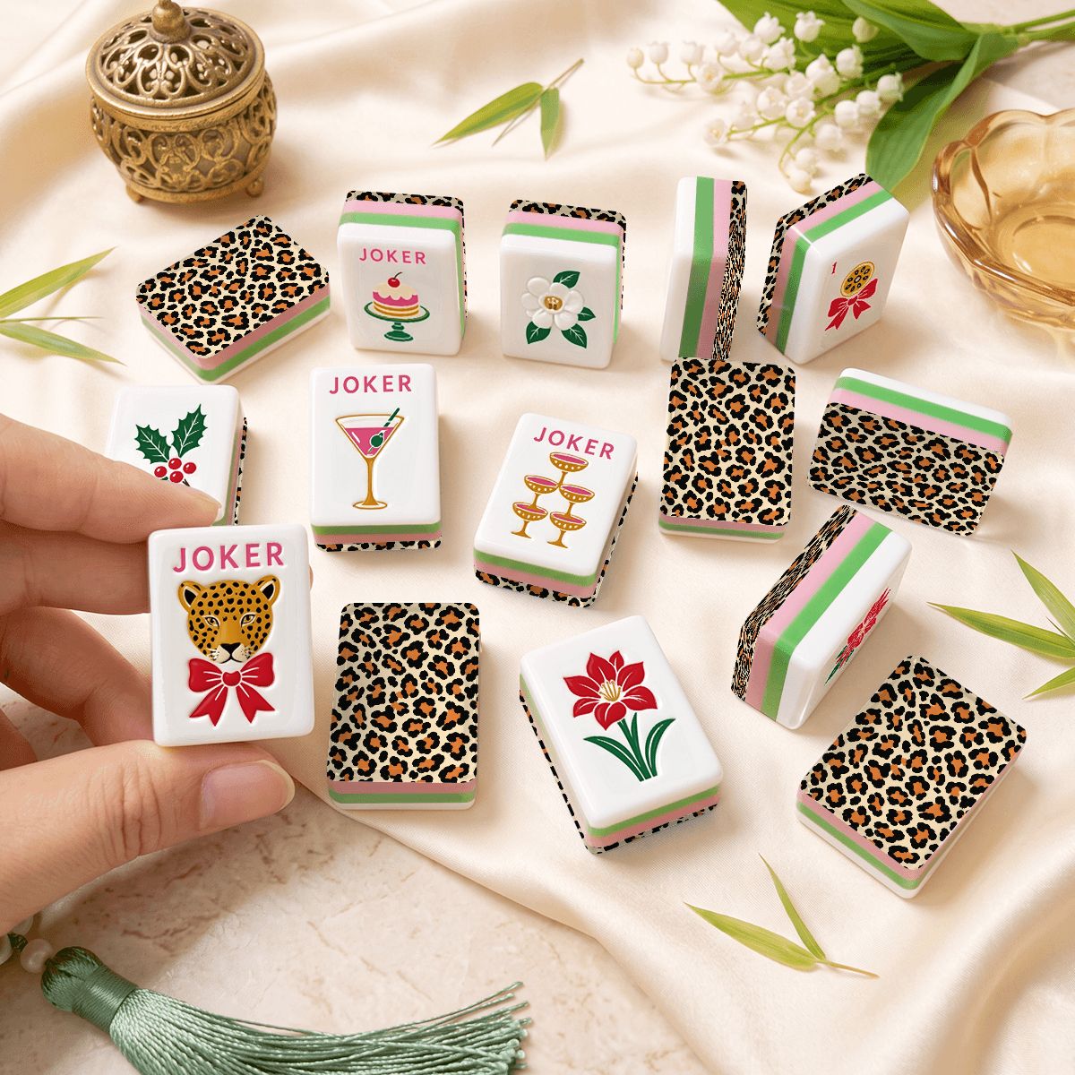 Wild Side Leopard Print 4 Layer Glam Holiday American Mahjong Tiles And Carry Case - Splash Of Mahj And Color Co.