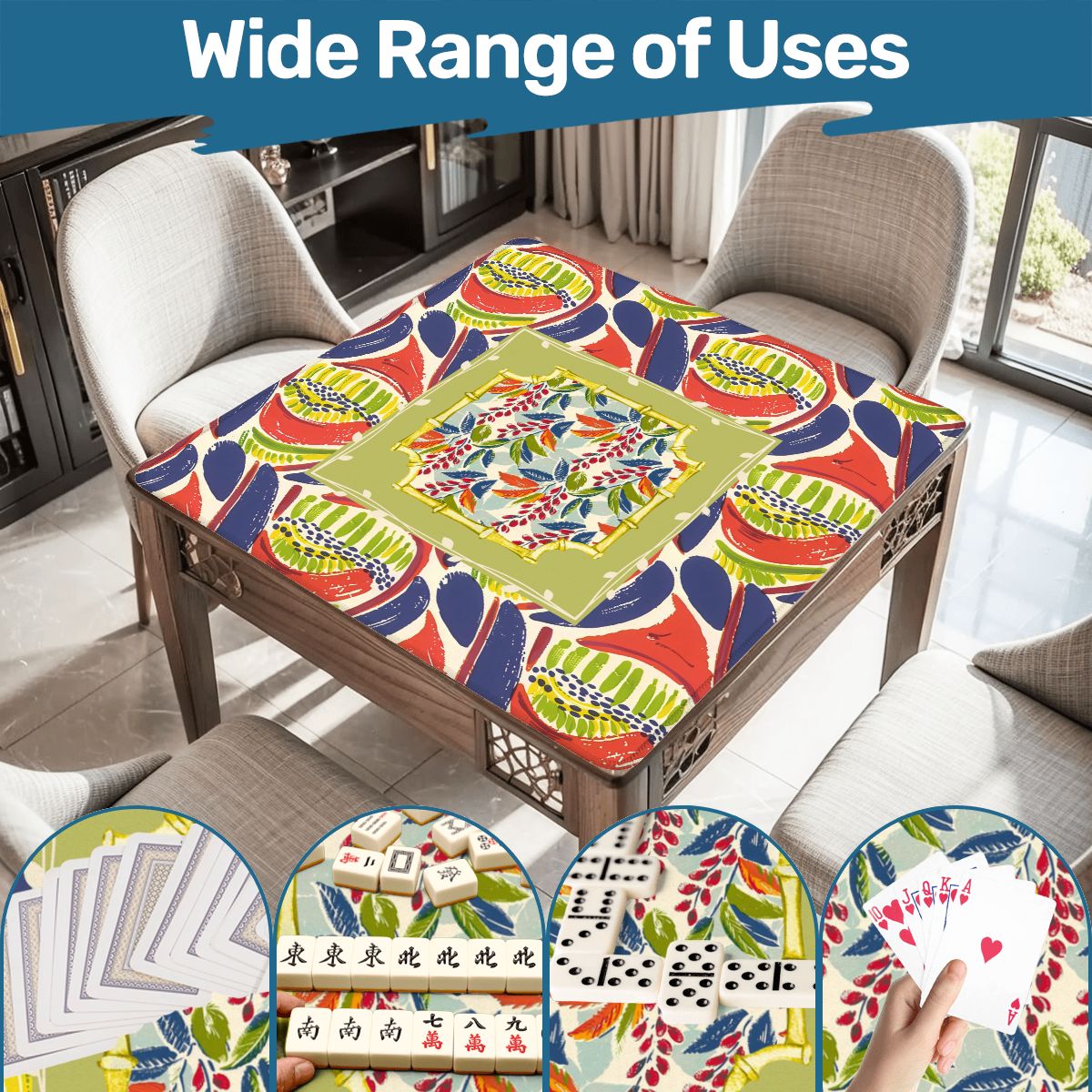Mahjong Mat, Coral Blue Abstract Floral Modern Mahjong Mat