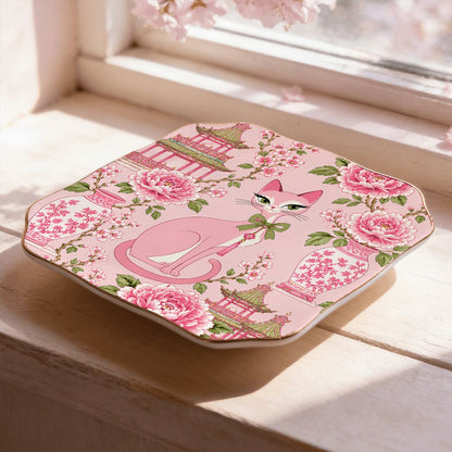 Pink Peony Pagoda Purr Scalloped Ceramic Mahjong Dice Tray