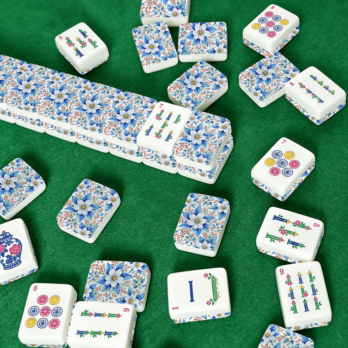 Tobacco Leaf Winterberry Floral Chinoiserie American Mahjong Tiles And Carry Case