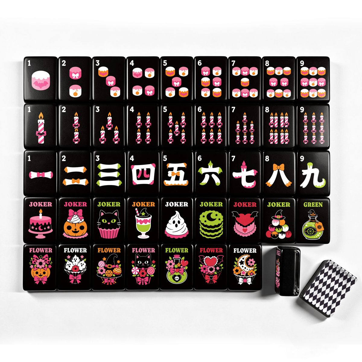 Halloween Harlequin Mahjong Engraved Tiles, Gothic Dessert With Carry Case