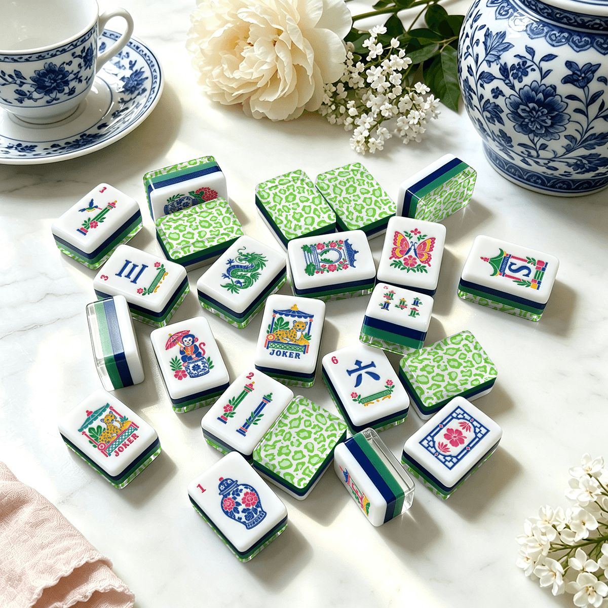 Cheetah Limongreen Chinoiserie Chic American Mahjong Tiles And Carry Case