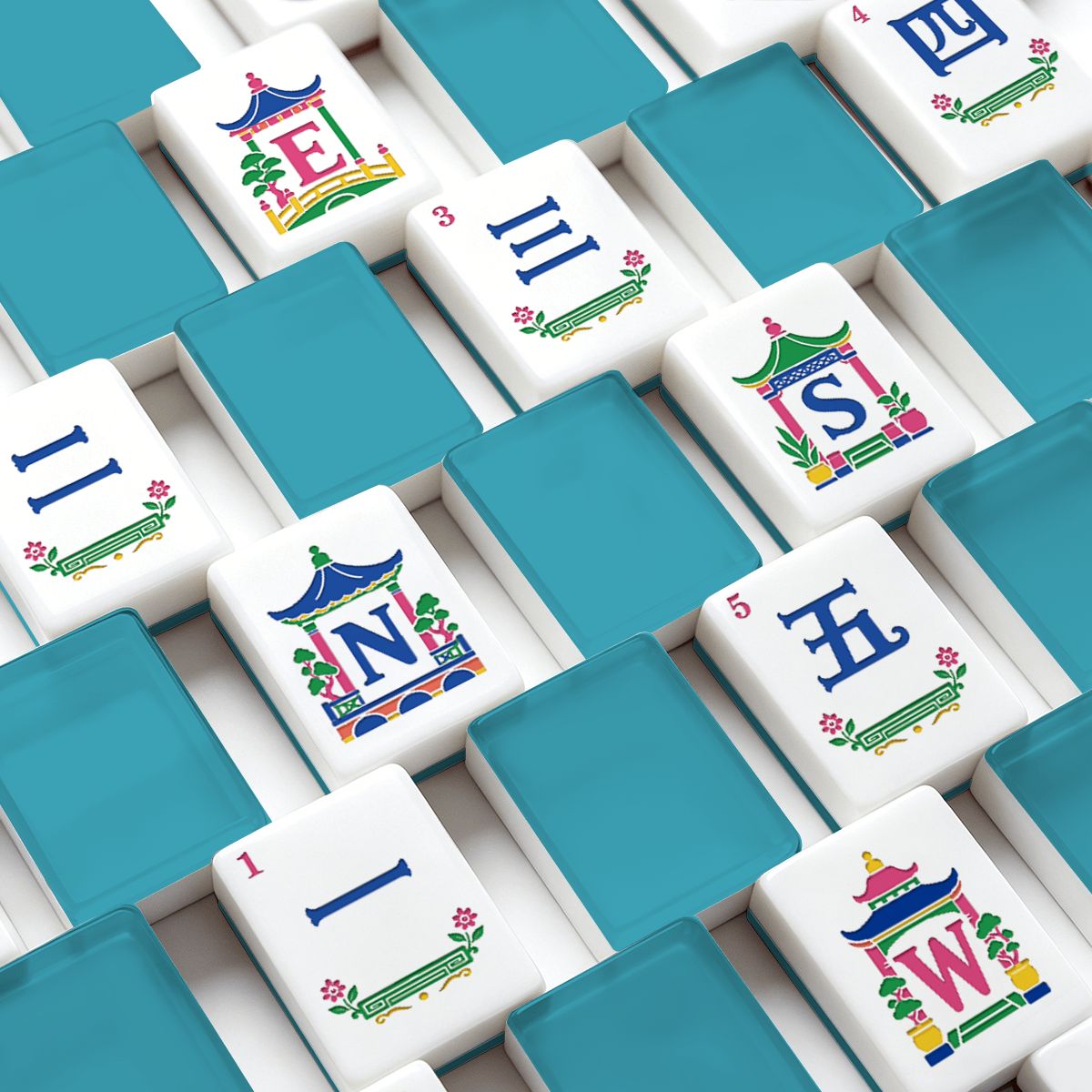 Aquamarine Chinoiserie Pastel Mahjong Engraved Tiles With Carry Case - Splash Of Mahj And Color Co.