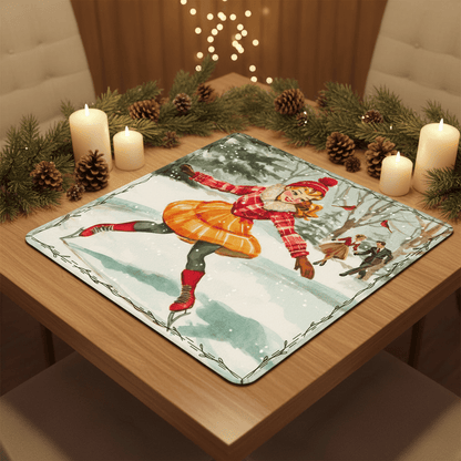 Vintage Holiday Card Iceskating Winter Wonder Land Mahjong Mat - Splash Of Mahj And Color Co.