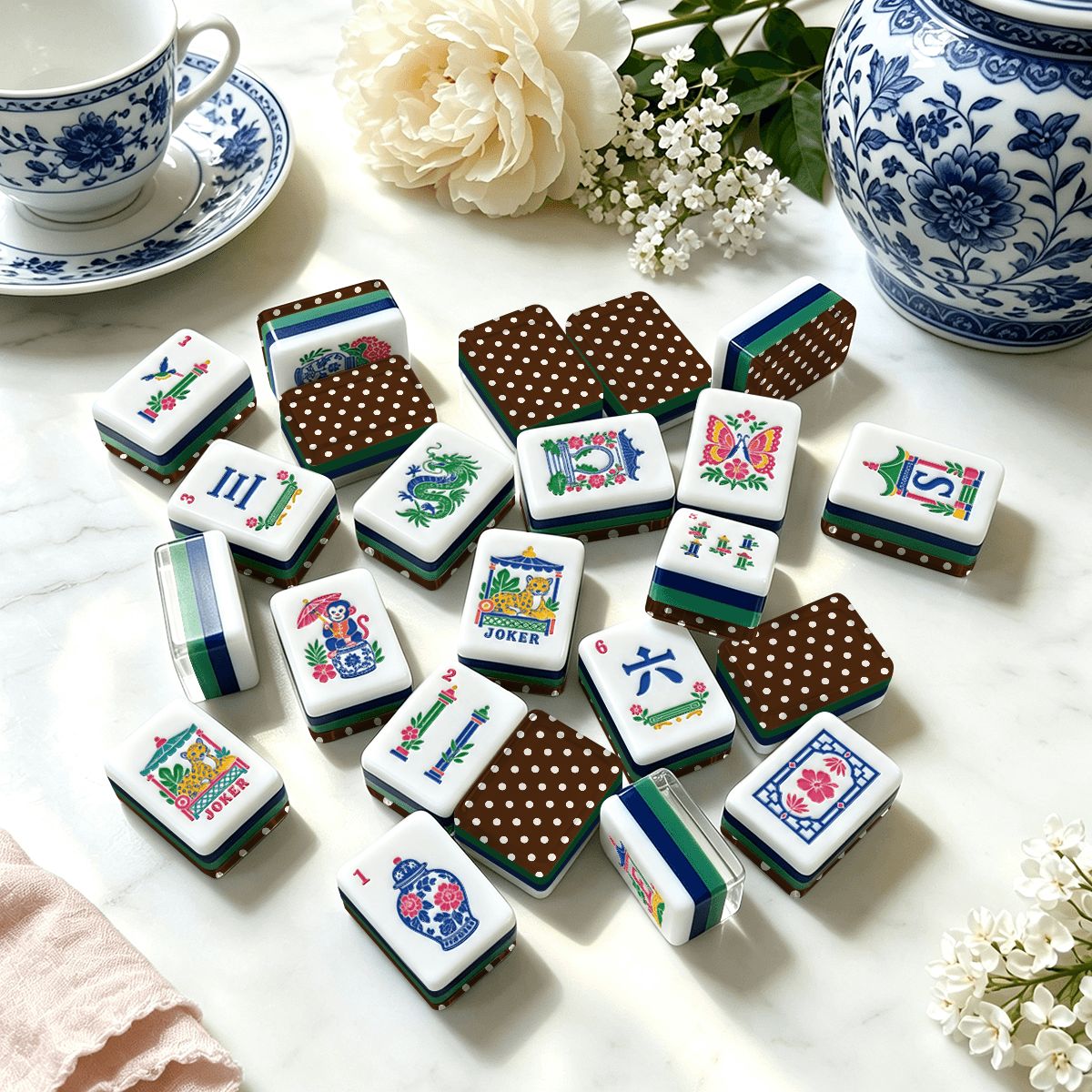 The Polo Match Polka Dot Chinoiserie Chic American Mahjong Tiles And Carry Case - Splash Of Mahj And Color Co.