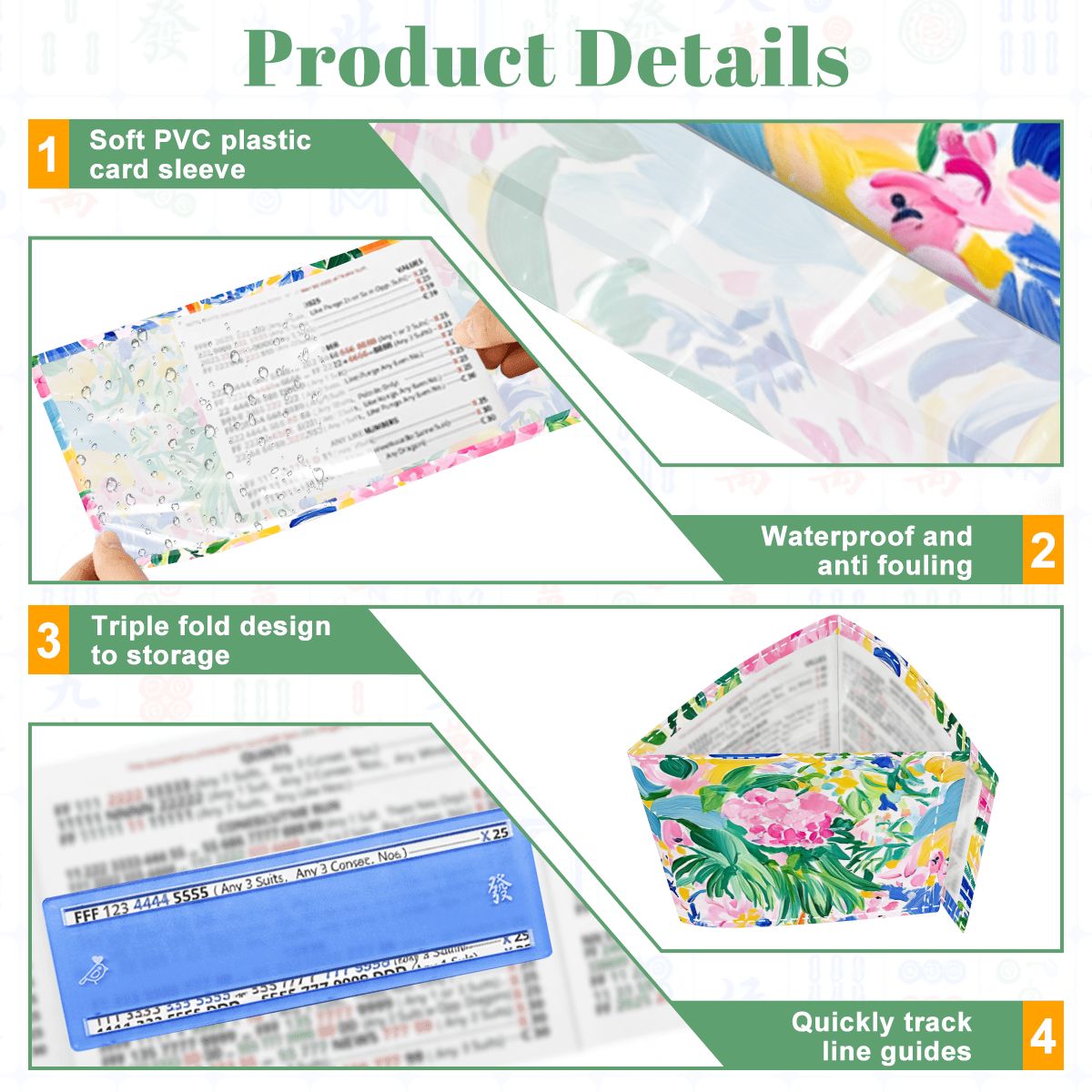 Floral Chinoiserie Designed 4 Mahjong Card Holder with Line Finder - Splash of Color Co.