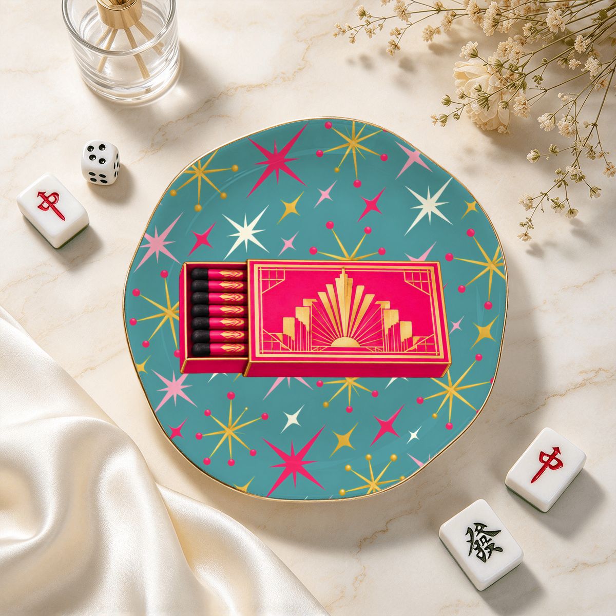 Modtastic Art Deco Matchsticks Round Scalloped Ceramic Mahjong Dice Tray