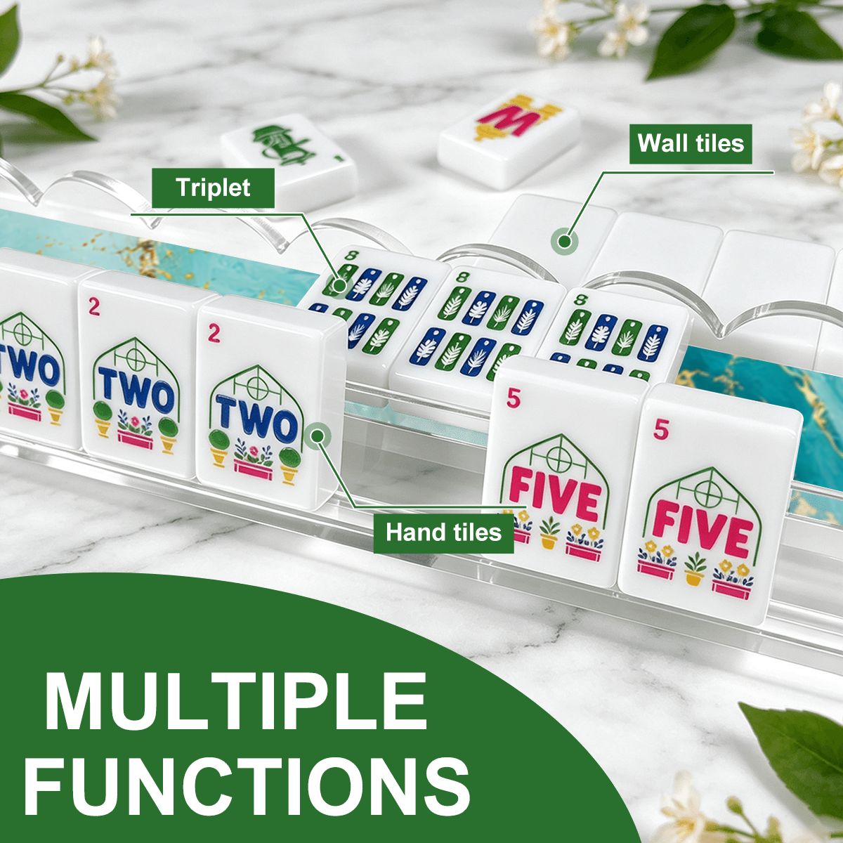 Aqua Tidal Wave Extended Mahjong Rack Set of 4 Scalloped Magnetic Tile Pusher 20' - Splash Of Mahj And Color Co.