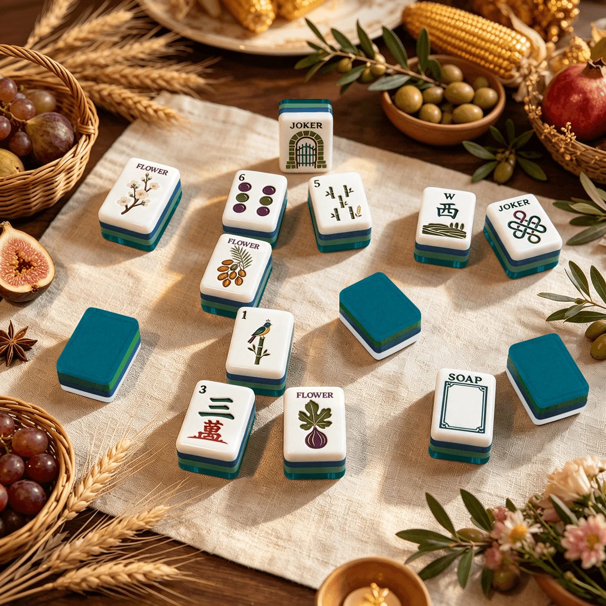 Teal Tuscan Earthy Botanical 4 Layer Engraved American Mahjong Tiles And Carry Case