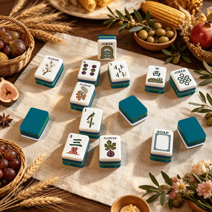 Teal Tuscan Earthy Botanical 4 Layer Engraved American Mahjong Tiles And Carry Case