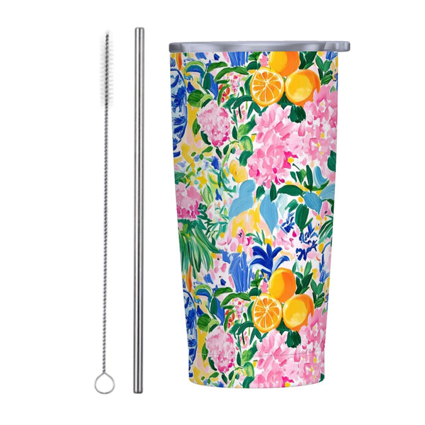 Sunny Citrus Chinoiserie Preppy Stainless Steel Insulated Tumblers with Lid & Straw (20oz)