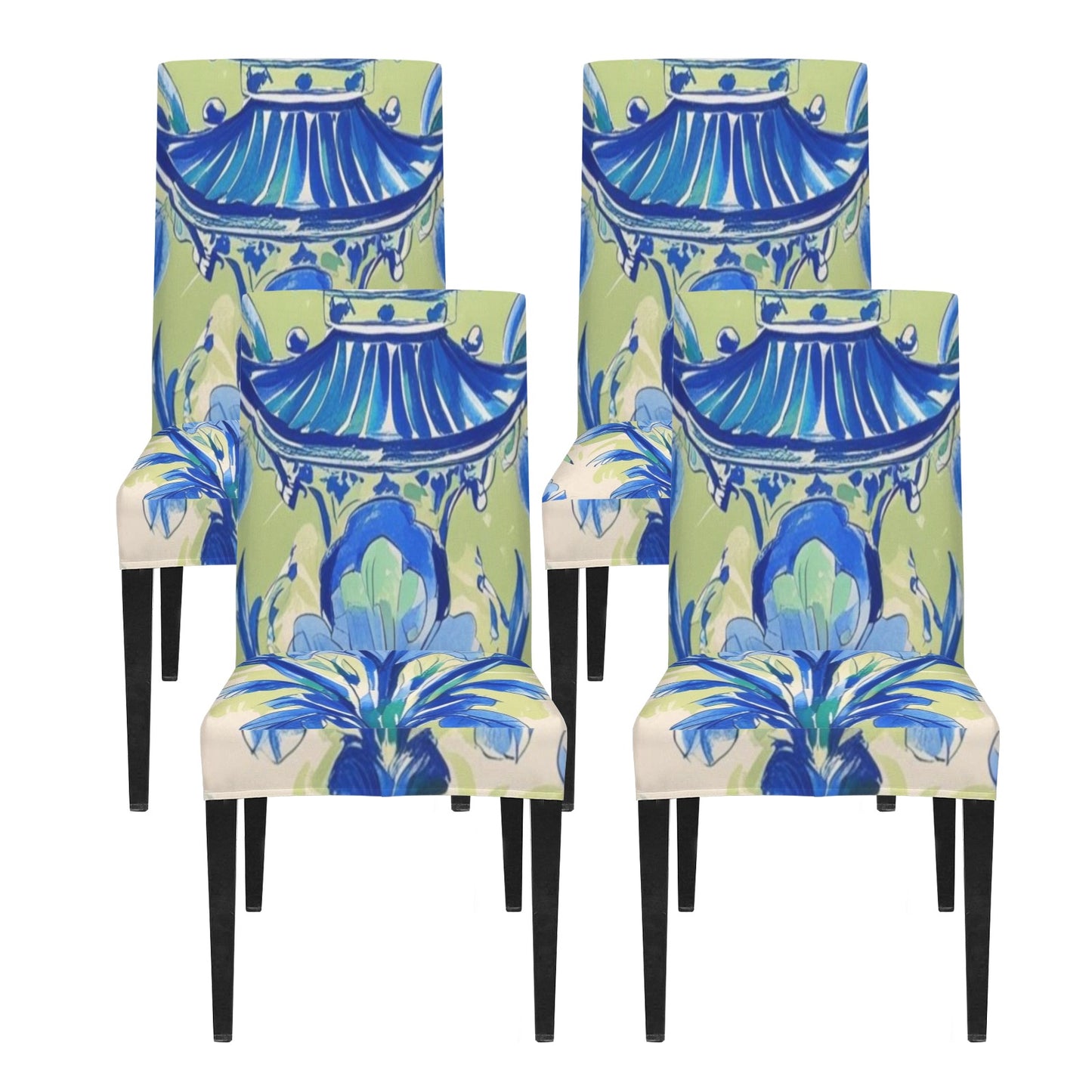 Chinoiserie Pagoda Asian Zen Green Blue Watercolor Designed Chair Covers Custom Chair Covers - Splash of Color Co.