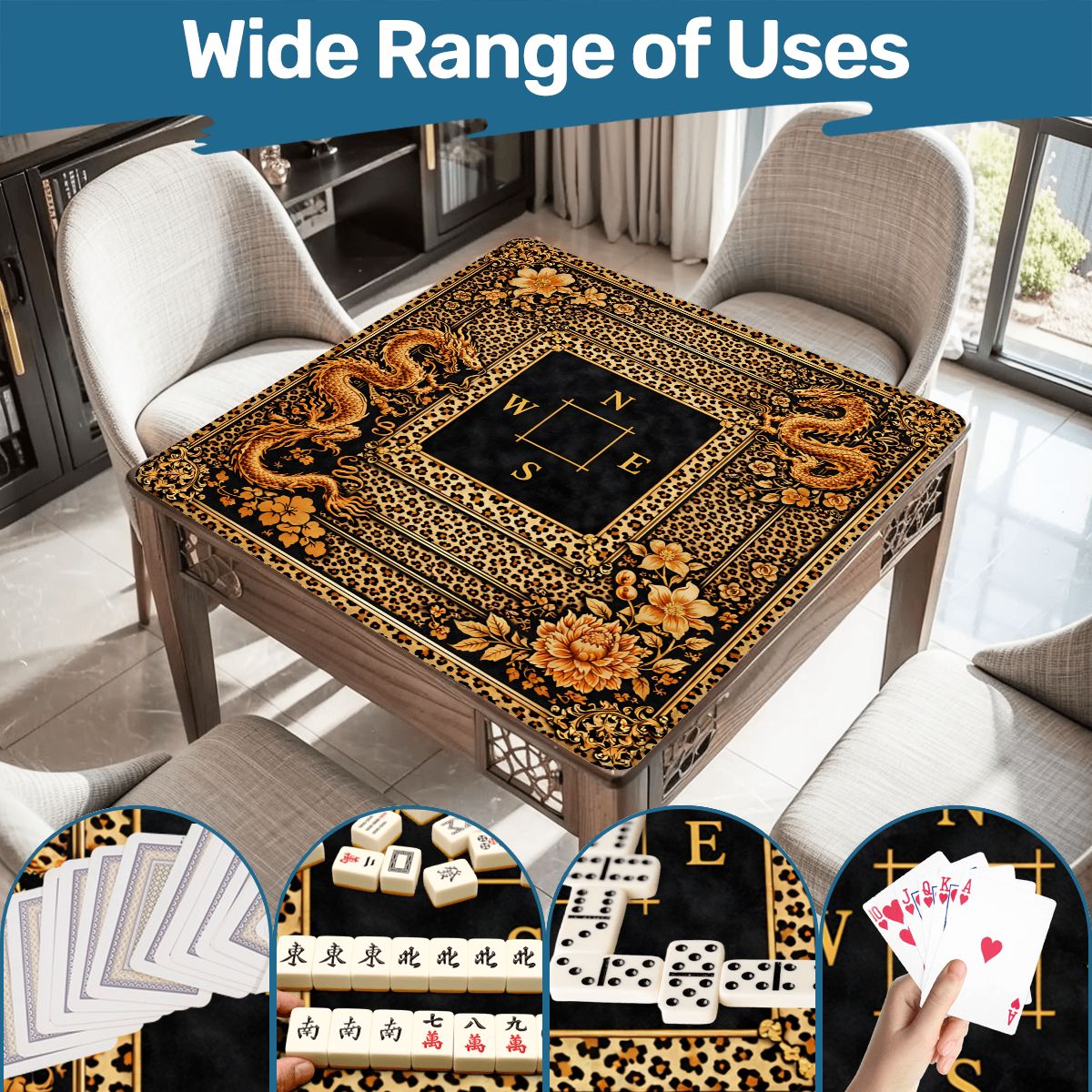 Leopard Print Mahjong Mat With Gilded Dragons Black And Gold - Splash of Color Co.
