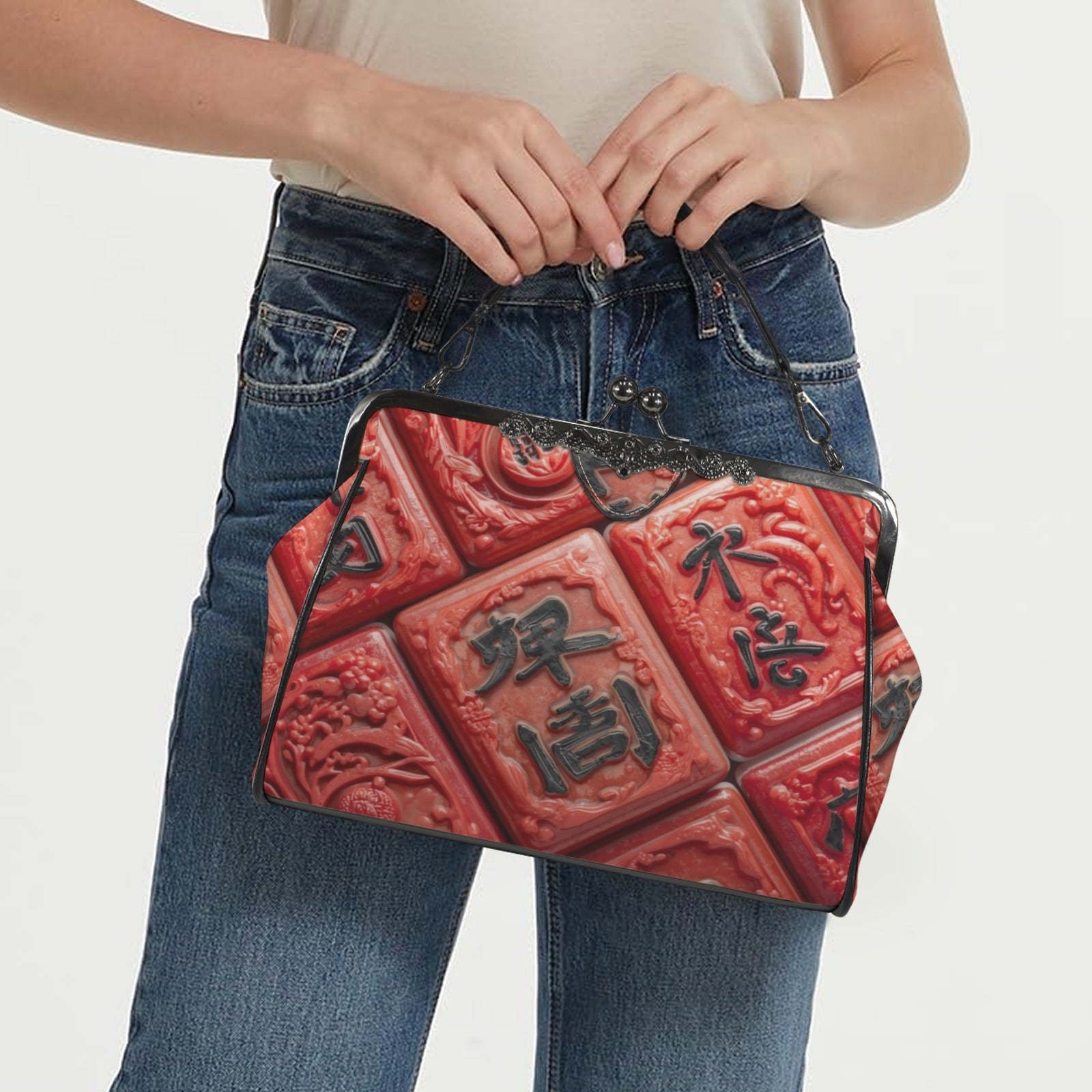 Vintage Mahjong Tiles Trendy Stylish Kisslock Crossbody Shoulder Bag - Splash of Color Co.
