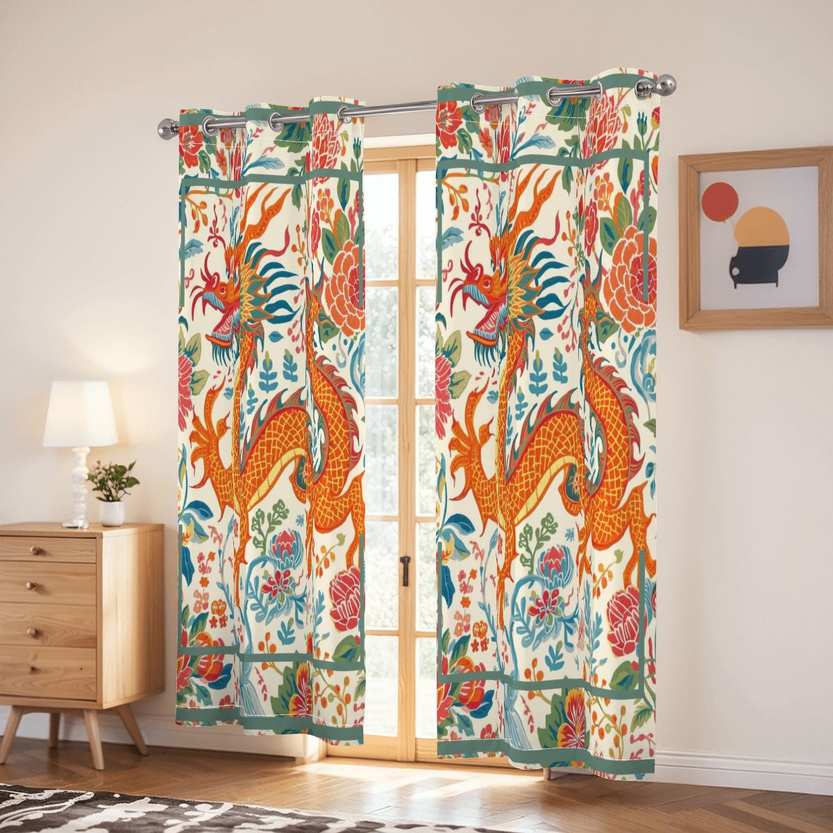 Asian Dragon, Orange Teal Chinoiserie Blackout Curtain Panels - Splash of Color Co.