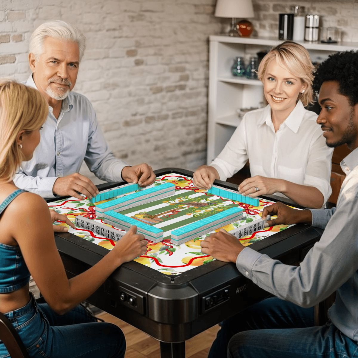 Mahjong Christmas Mat, Partridge In A Pear Tree, Watercolor Lemons, Green Preppy Striped - Splash of Color Co.