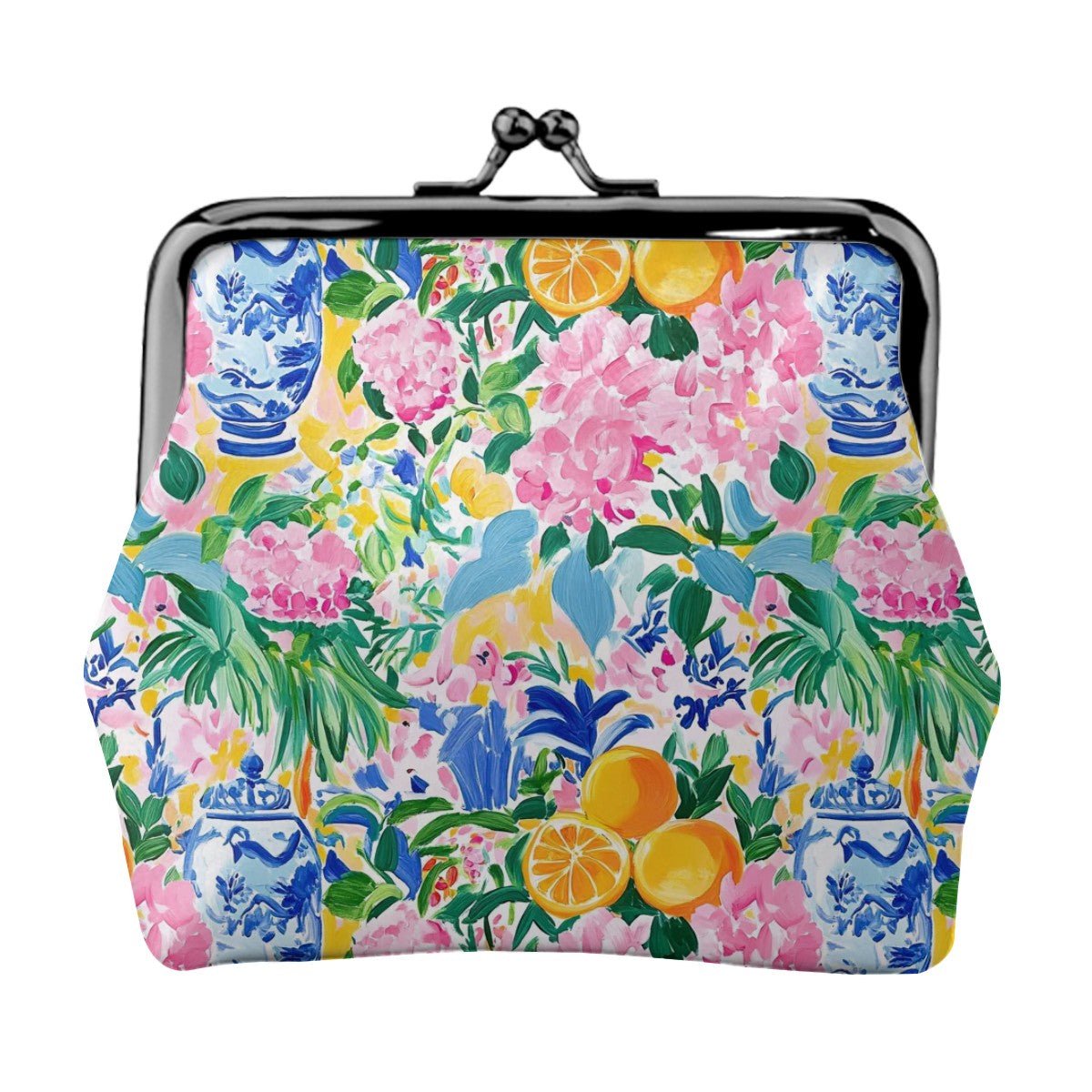 Sunny Citrus Preppy Chinoiserie Women's Leather Kiss Lock Coin Purse - Splash of Color Co.