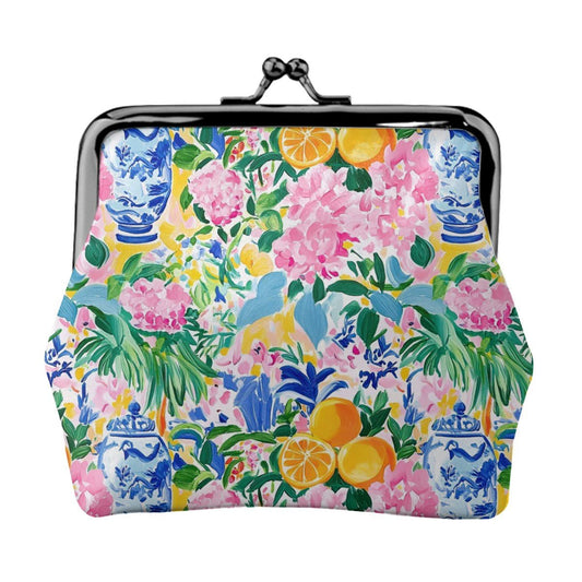 Sunny Citrus Preppy Chinoiserie Women's Leather Kiss Lock Coin Purse - Splash of Color Co.