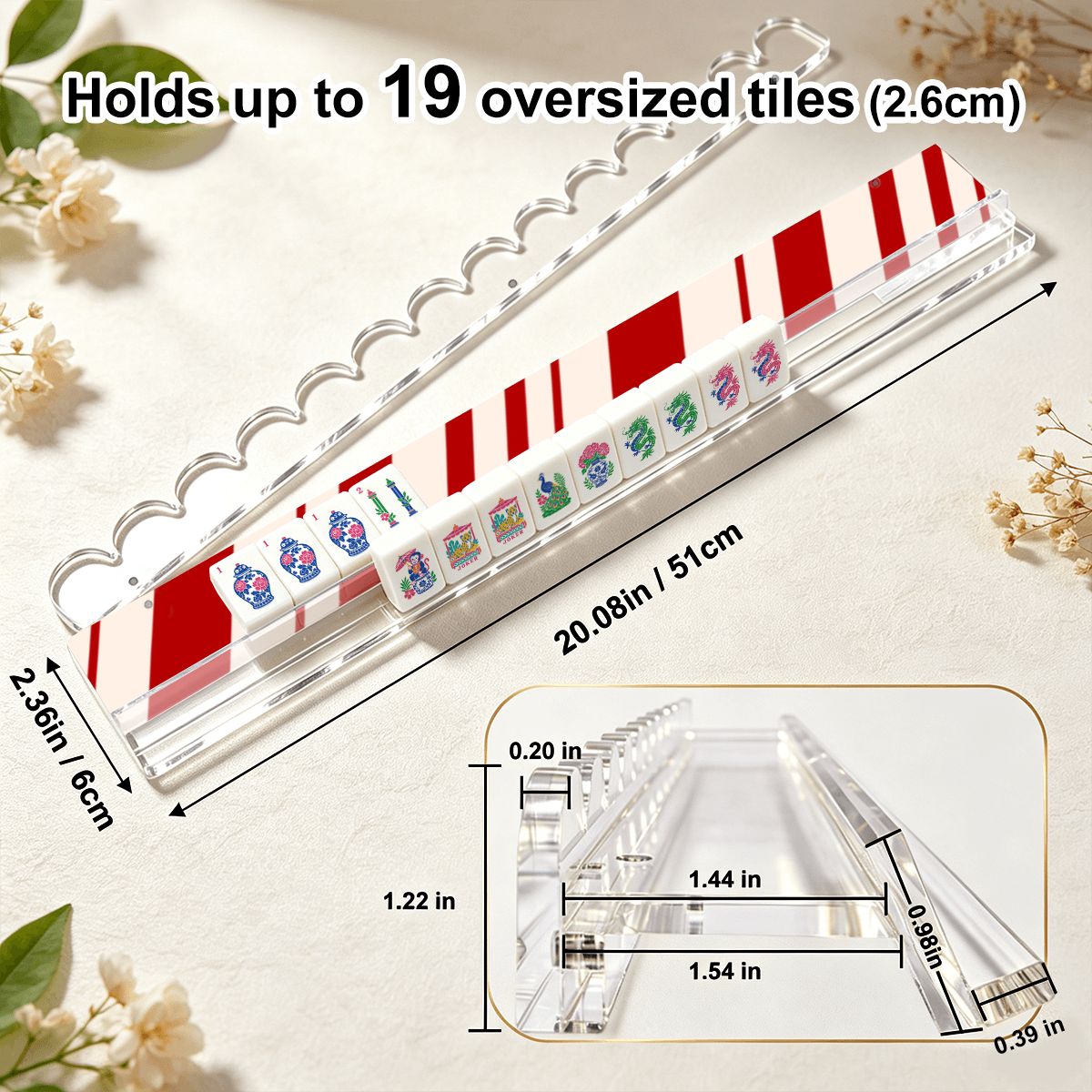 Candycane Christmas Extended Mahjong Rack Set of 4  Scalloped Magnetic Tile Pusher 20'