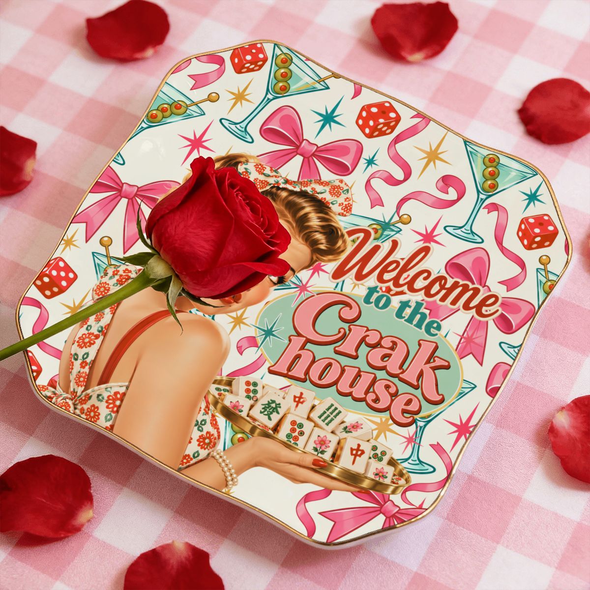 Funny Mahjong Scalloped Ceramic Mahjong Dice Tray Nostalgic Welcome To The Crak House - Splash Of Mahj And Color Co.