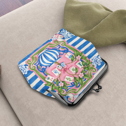 Preppy Chinoiserie Pink And Blue Women's Leather Kiss Lock Coin Purse