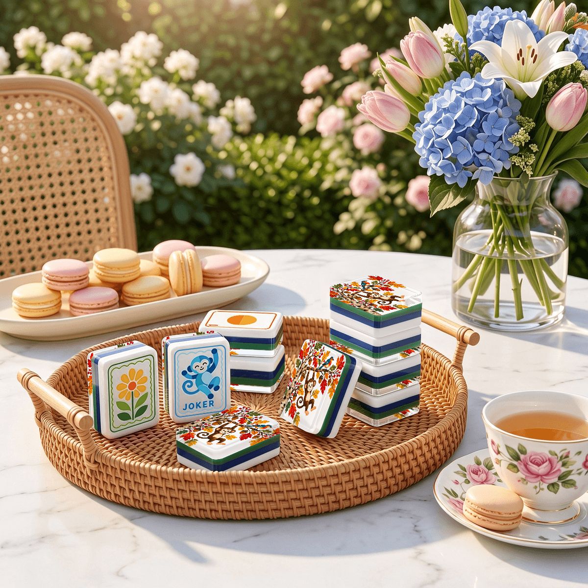 Monkey See Monkey Fall Modern Folk American Mahjong Tiles 4 Layer With Carry Case - Splash Of Mahj And Color Co.