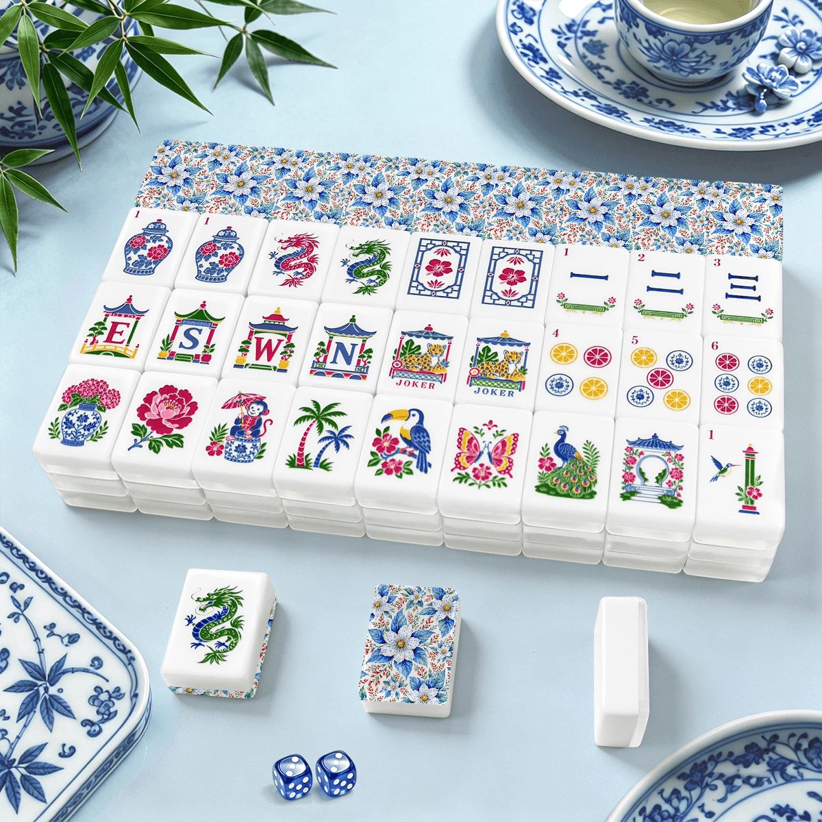 Tobacco Leaf Winterberry Floral Chinoiserie American Mahjong Tiles And Carry Case