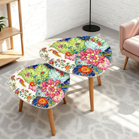 Asian Garden Chinoiserie Tobacco Leaf Floral Modern Nesting Tables - Splash of Color Co.