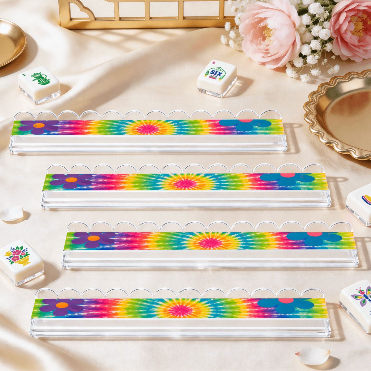 Tie Dye Extended Mahjong Rack Set of 4  Scalloped Magnetic Tile Pusher