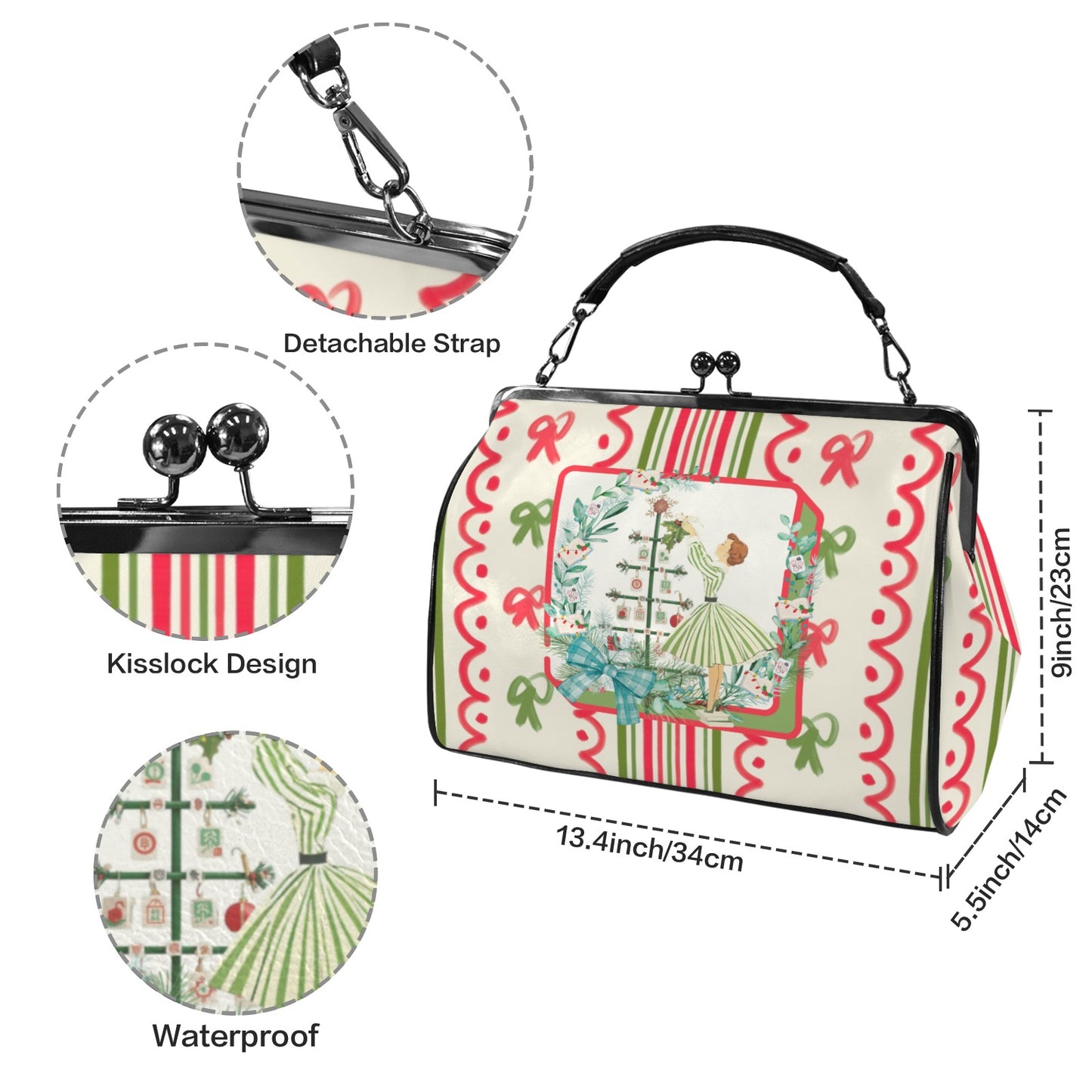 Books And Nooks Mahjong Lover Nostalgic Christmas Handbag, Kisslock Shoulder Bag