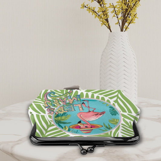 Let's Mahj Fluzy Flamingo Women's Leather Kiss Lock Coin Purse - Splash Of Mahj And Color Co.