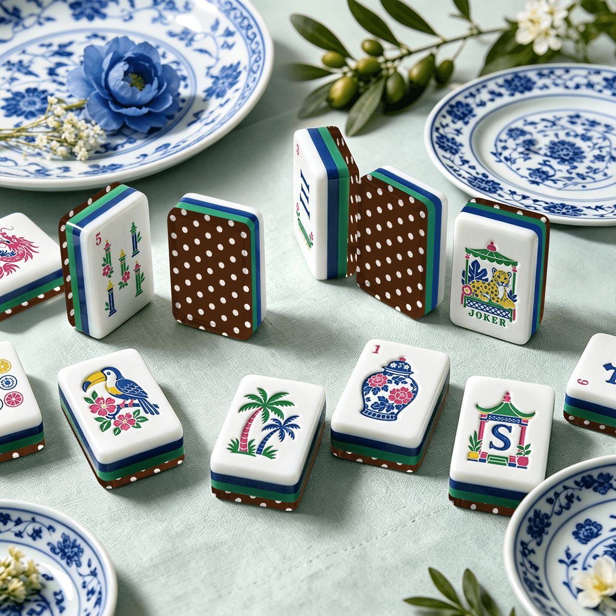The Polo Match Polka Dot Chinoiserie Chic American Mahjong Tiles And Carry Case - Splash Of Mahj And Color Co.