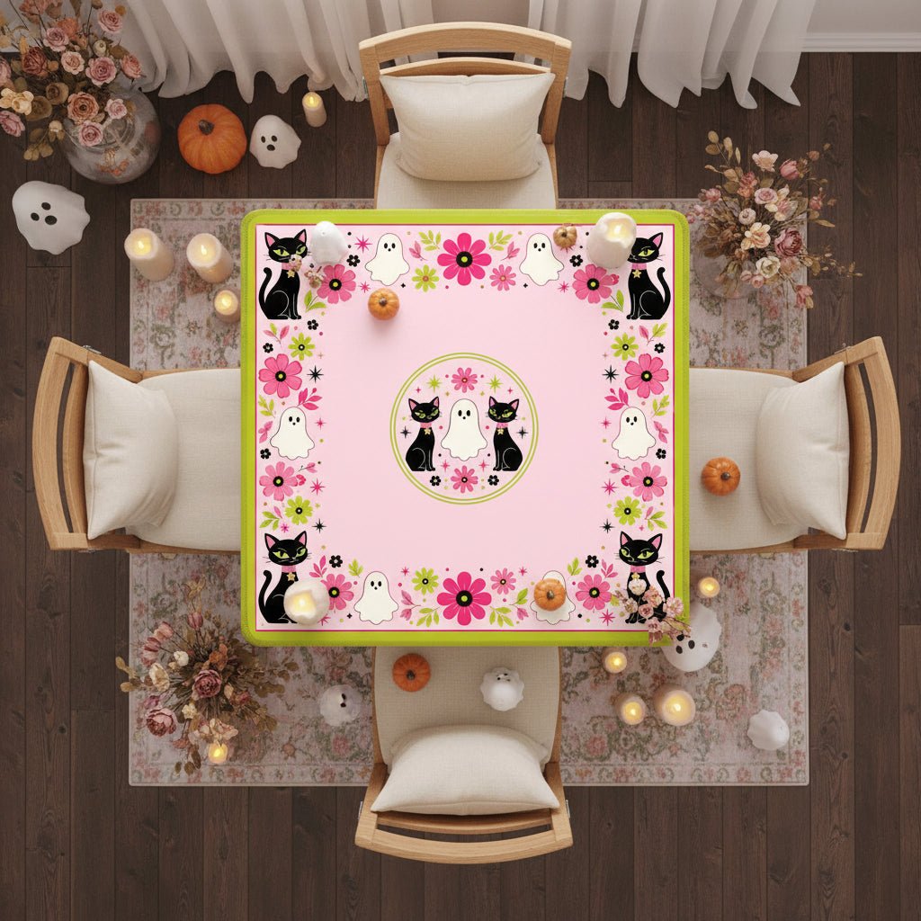 Kitty Ghost Brigade Pink And Green Halloween Mahjong Mat - Splash Of Mahj And Color Co.
