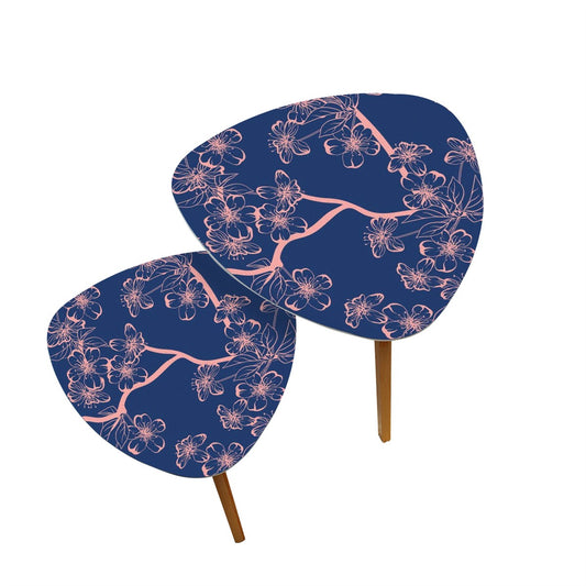 Asian Royal Blue Pink Floral Zen Nesting Triangle Coffee Tables