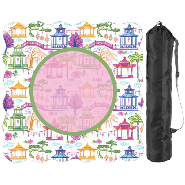 Chinoiserie Asian Gardens, Pagoda, Lantern Lavender And Blue Scalloped Mahjong Mat - Splash of Color Co.