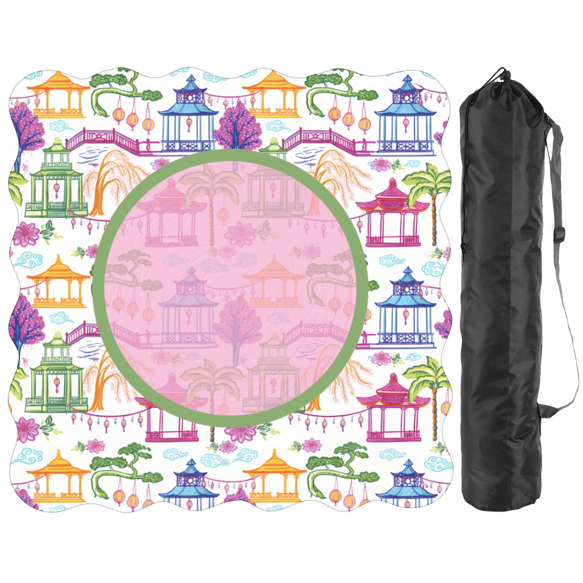 Chinoiserie Asian Gardens, Pagoda, Lantern Lavender And Blue Scalloped Mahjong Mat - Splash of Color Co.
