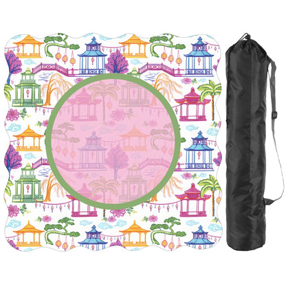 Chinoiserie Asian Gardens, Pagoda, Lantern Lavender And Blue Scalloped Mahjong Mat - Splash of Color Co.