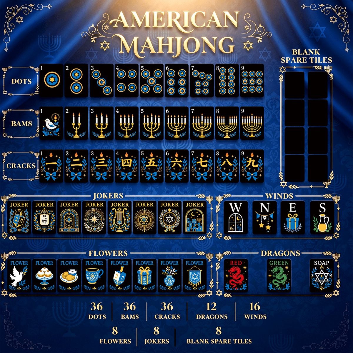 Art Deco Gold Starry Night Hanukkah Mahjong Tiles And Carry Case