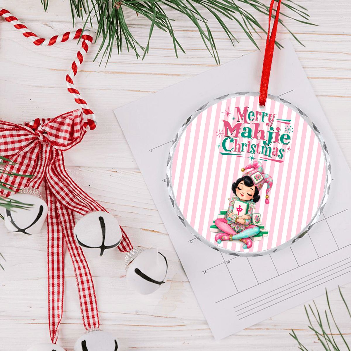 Merry Mahjie Mahjong Christmas Pink And White Striped Round Glass Christmas Ornament