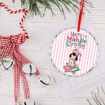 Merry Mahjie Mahjong Christmas Pink And White Striped Round Glass Christmas Ornament