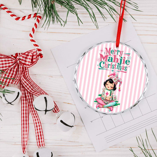 Merry Mahjie Mahjong Christmas Pink And White Striped Round Glass Christmas Ornament - Splash Of Mahj And Color Co.