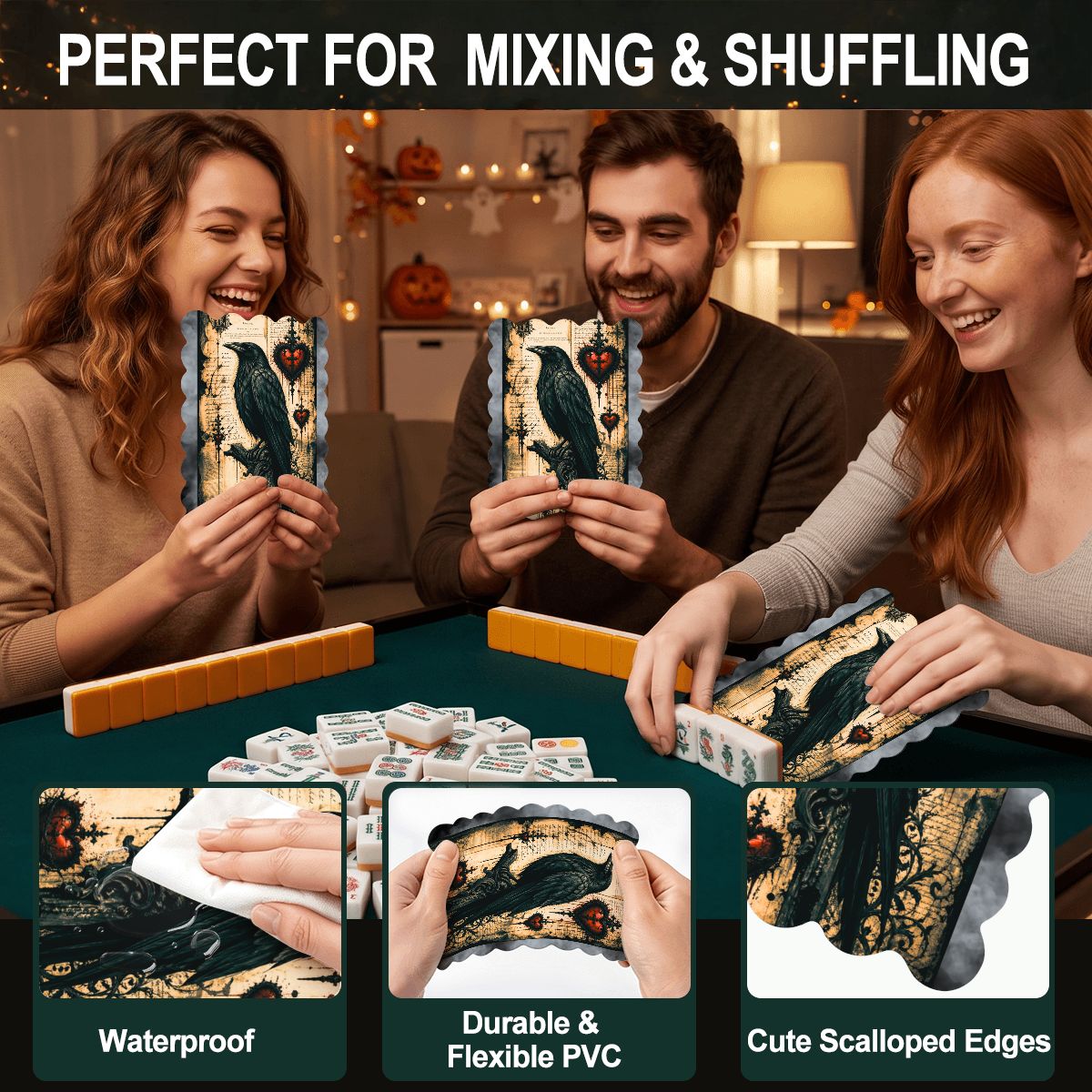 Edgar Allen Poe Raven Scalloped Mahjong Shuffler Cards Set of 4 - Splash Of Mahj And Color Co.