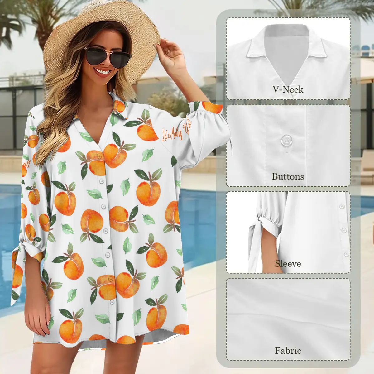 Let's Mahj Y'all Summer Peaches Women's Cardigan Shirt Three - Quarter Sleeve - Splash of Color Co.